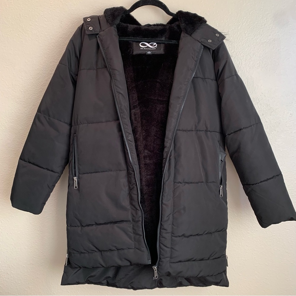 NFINITY Black Long Hooded Puffer Coat with Faux Fur Interior